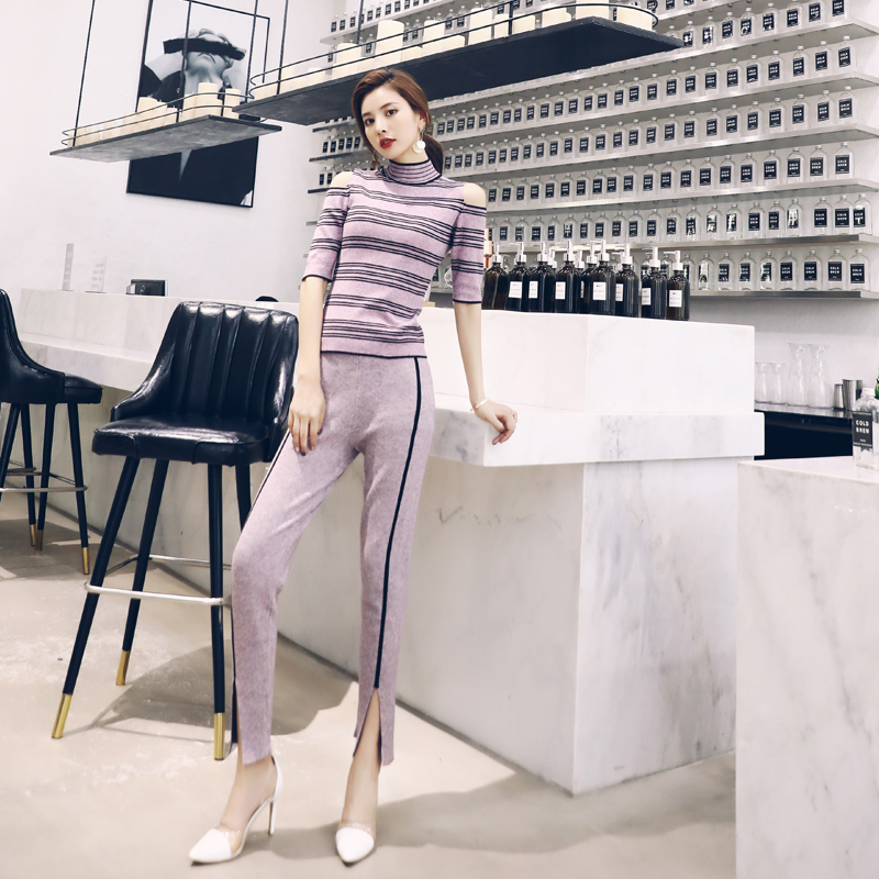 歐洲站2018秋季新款休閑女套裝露肩修身毛衣針織衫開叉小腳褲套裝