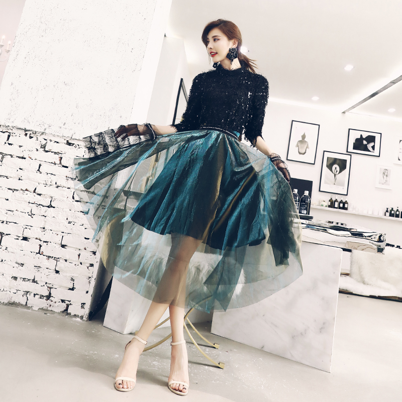 名媛氣質港味網紅兩件套2018秋季新款亮片上衣網紗半身連衣裙套裝