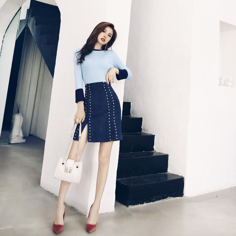 兩件套2018春秋時尚新款俏皮針織衫毛衣上衣高腰短裙半身裙女套裝