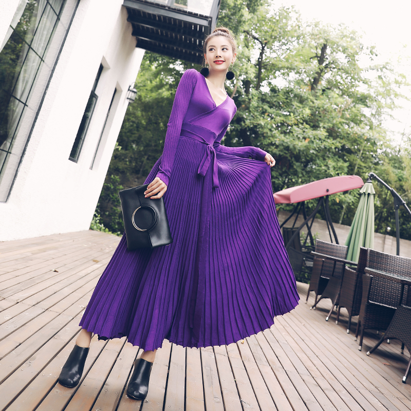 歐洲站新款女2018早秋裝時尚名媛氣質長款針織大擺長袖緊身連衣裙