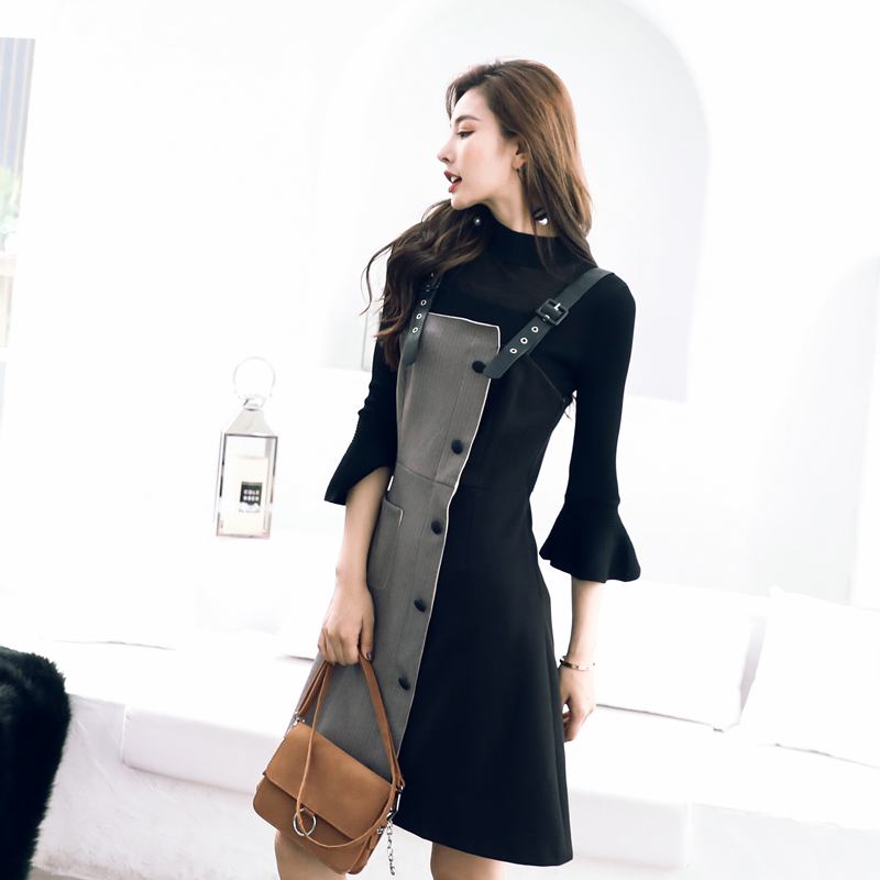 2018秋長袖針織上衣打底衫連衣裙時尚名媛拼接背帶裙兩件套裝裙子