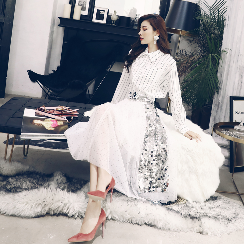 名媛氣質韓版豎條紋長袖襯衫亮片網紗半身裙兩件女秋收腰修身套裝