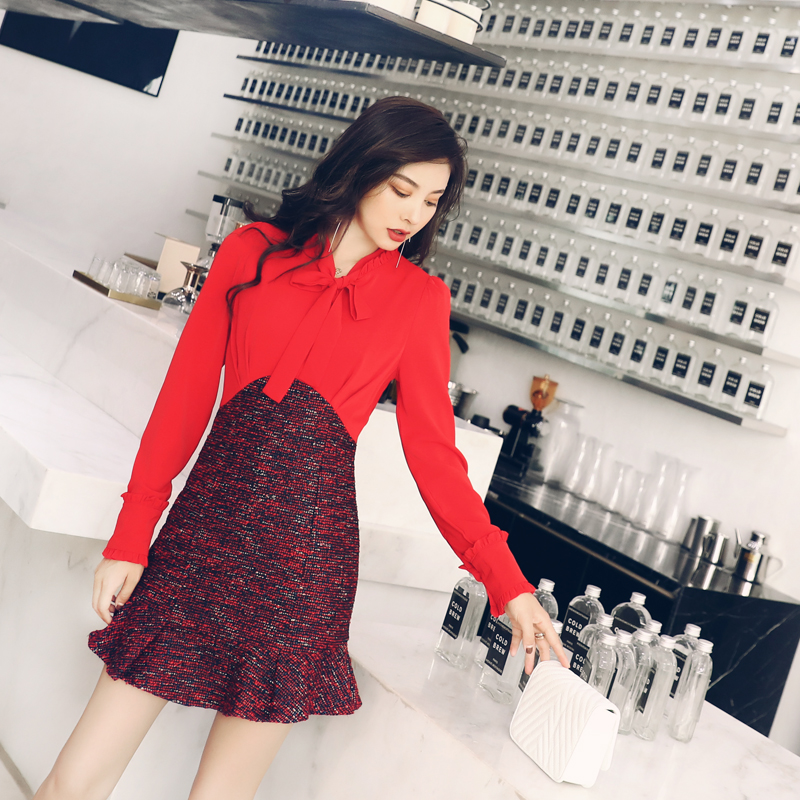 連衣裙女2018秋冬新款長袖包臀a字裙港味初戀復古魚尾拼接打底裙