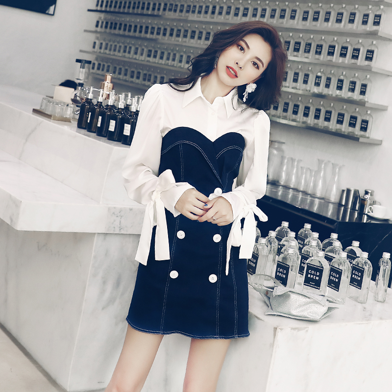 兩件套連衣裙女2018秋季新款長袖襯衫牛仔中長款半身裙套裝裙子潮