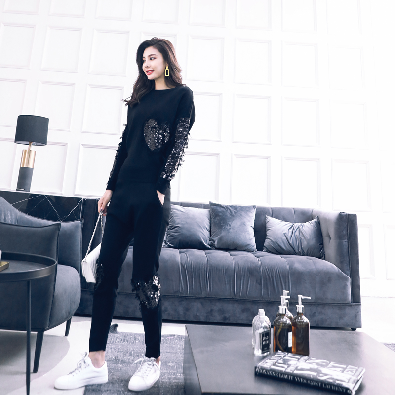 休閑時尚套裝女2018秋冬裝新款長袖毛衣小腳褲長褲針織兩件套