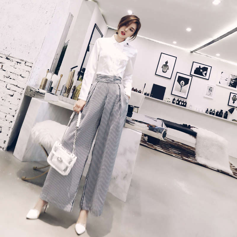 名媛氣質2018秋季套裝白色襯衫高腰修身條紋闊腿褲時尚兩件套女潮