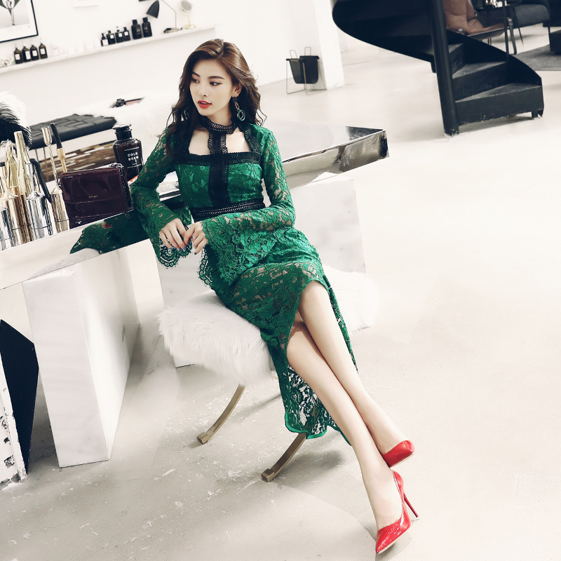 名媛連衣裙秋裝女2018新款中長款不規則港味氣質性感魚尾裙子潮