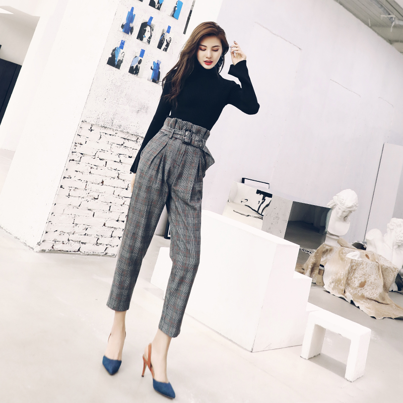 洋氣名媛氣質套裝女裝秋裝2018新款針織上衣格子高腰褲子時尚兩件