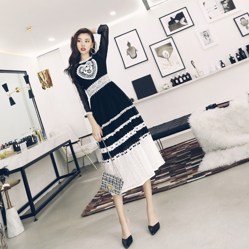 2018秋裝新款拼接重工裙中長款韓版修身顯瘦連衣裙度假氣質長裙潮