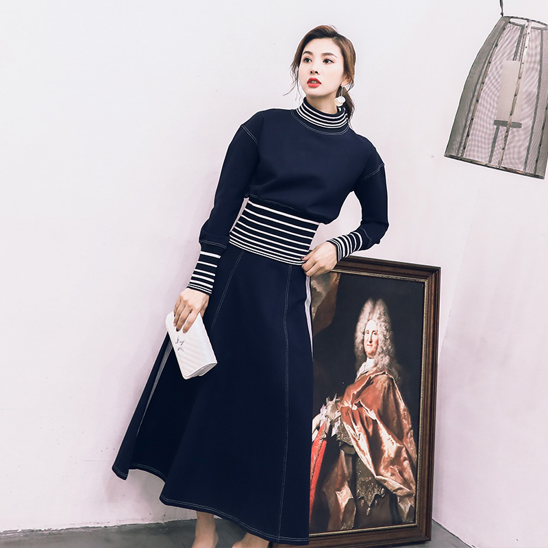 早秋裝御姐范女時尚女神氣質俏皮彈力棉網紅洋氣寬松裙子兩件套裝