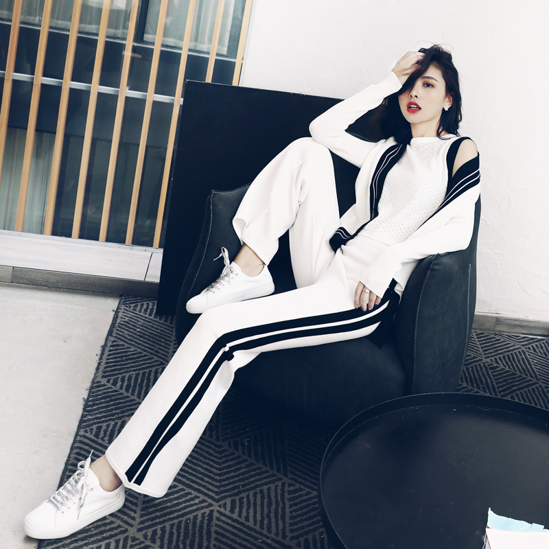 針織套裝女秋季輕熟風御姐范女裝小清新心機墜感闊腿褲毛衣三件套