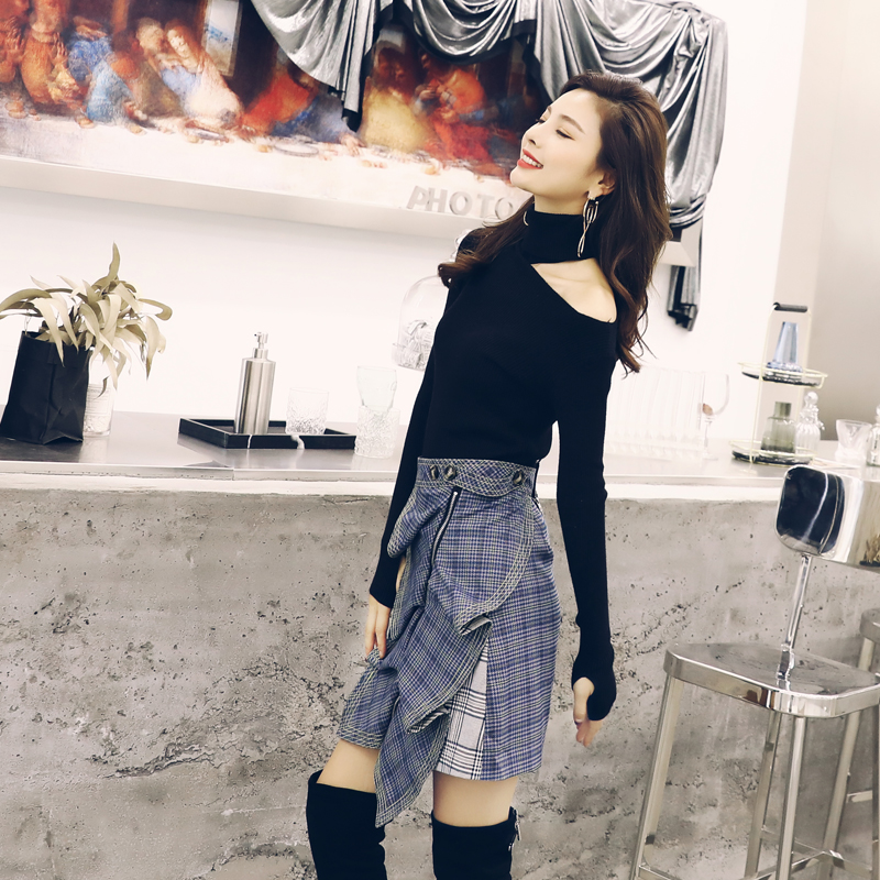 名媛氣質2018新款秋時尚長袖網紅針織衫上衣格子半身短裙兩件套裝