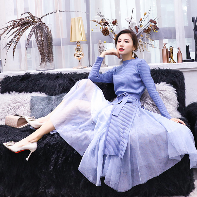 S秀淑女2018秋季新款網紗系帶套裝仙女氣質收腰顯瘦時尚潮