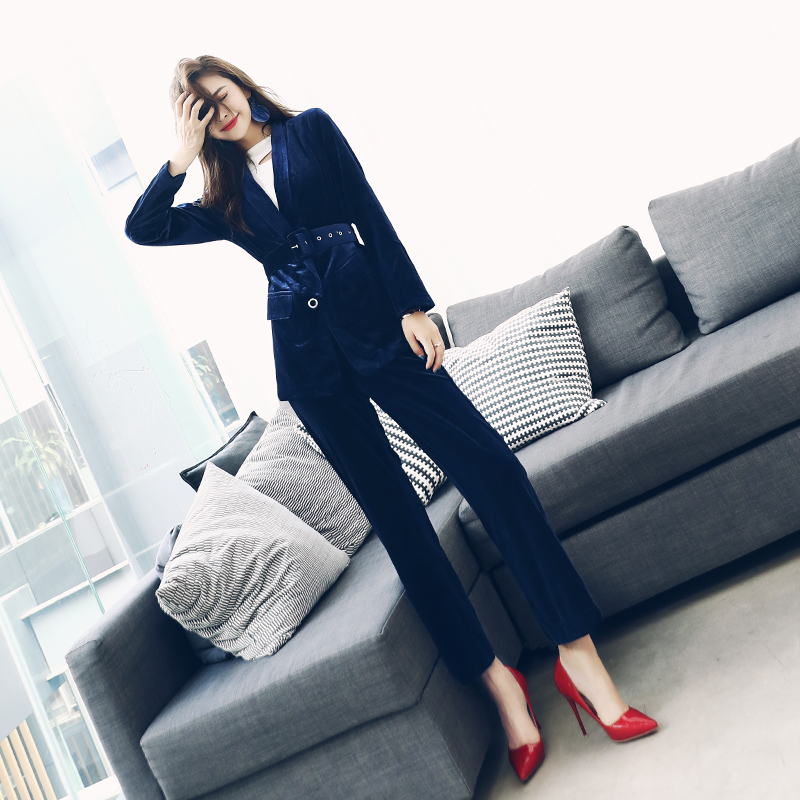 2018秋季新款韓版氣質名媛西裝套裝女時尚帥氣絲絨收腰顯瘦兩件套