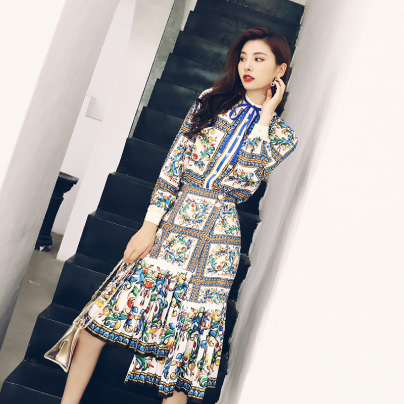 初秋女裙裝新款2018休閑兩件套印花長袖襯衫百褶魚尾裙洋氣套裝潮