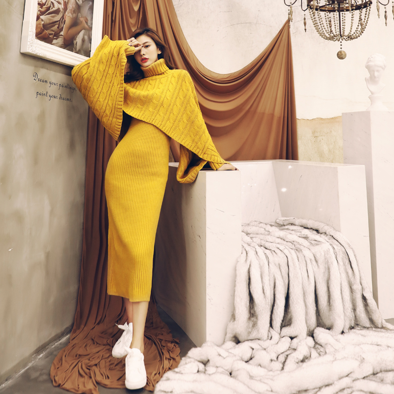 名媛氣質歐洲站時尚背心針織開叉包臀連衣裙斗篷寬松毛衣外套裝秋