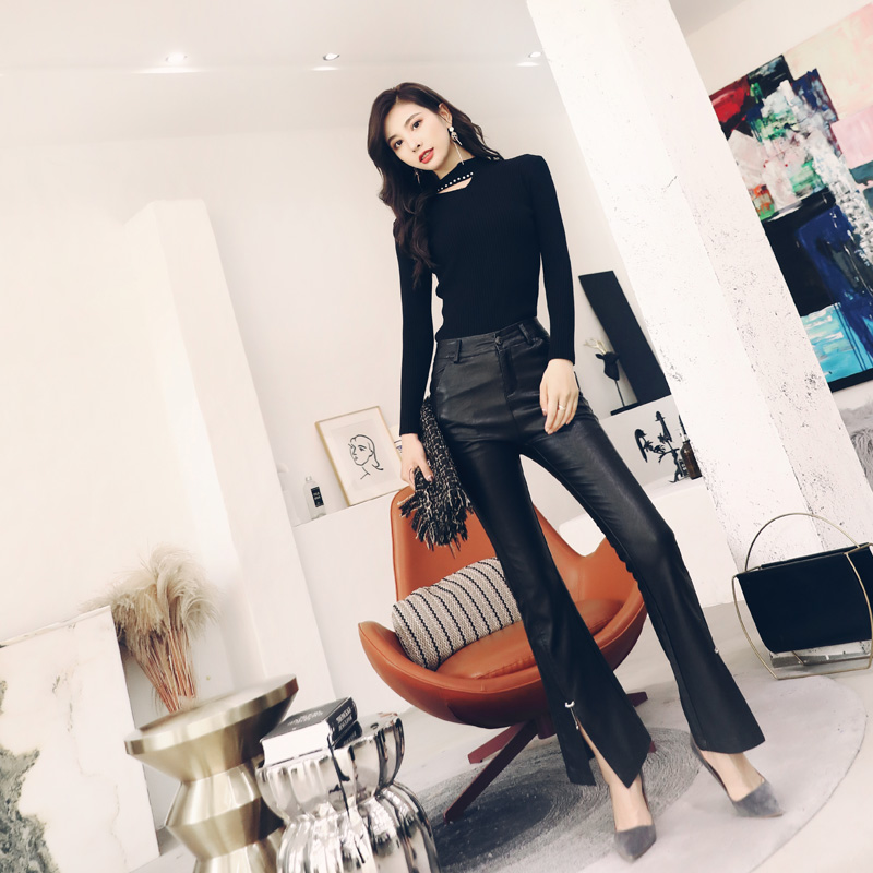 針織毛衣套裝女秋季2018新款時尚氣質顯瘦開叉皮褲子時髦秋冬兩件