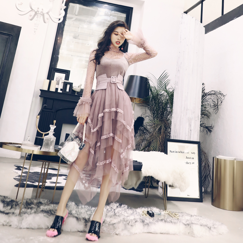 套裝女2018新款秋裝韓版時尚氣質蕾絲淺紫色吊帶裙子腰封三件套