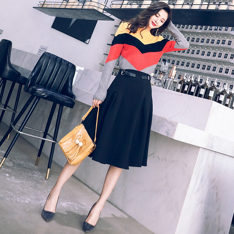 名媛氣質秋冬季兩件套2018新款針織拼接上衣顯瘦半身裙時尚套裝裙