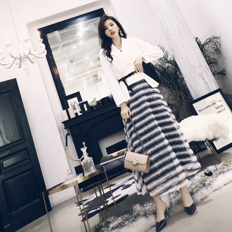 名媛氣質2018秋裝新款女修身長袖西裝外套網紗長款半身裙氣質套裝