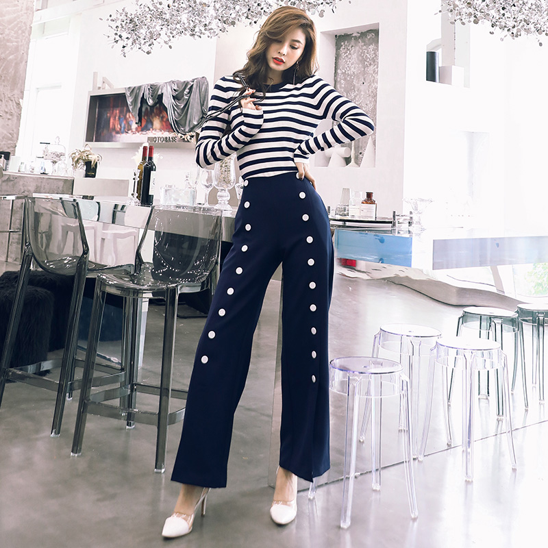 2018新款洋氣套裝女秋裝條紋針織衫長袖上衣高腰闊腿長褲兩件套潮