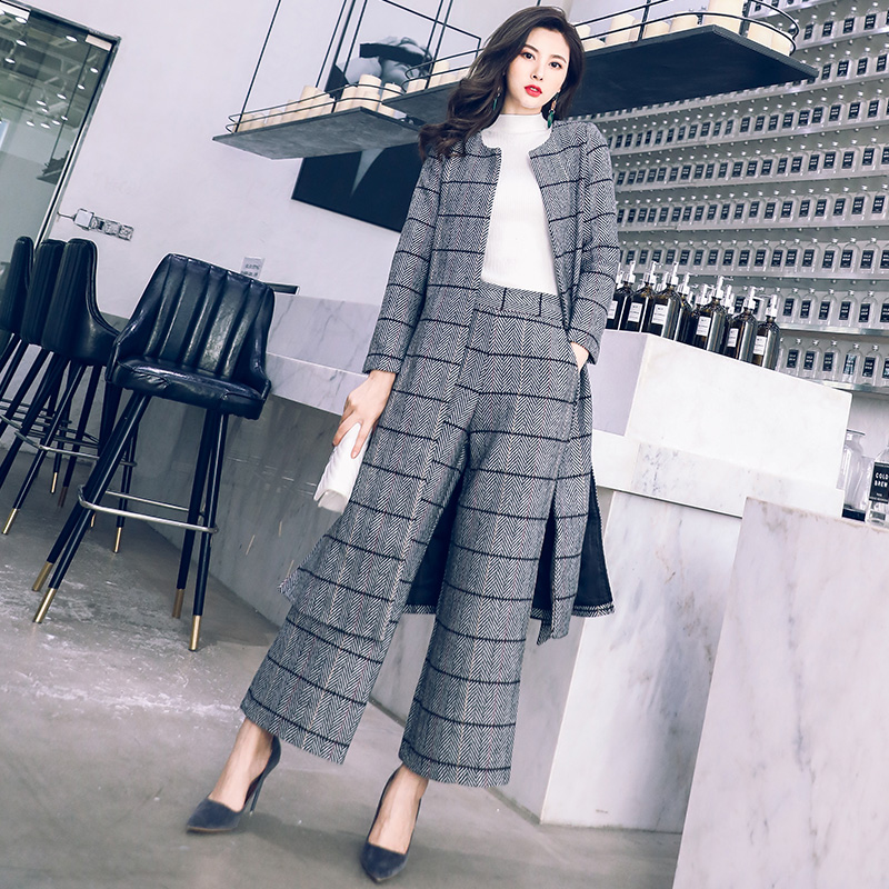 名媛氣質2018新款毛呢套裝女秋裝時尚顯瘦闊腿褲長系帶外套冬