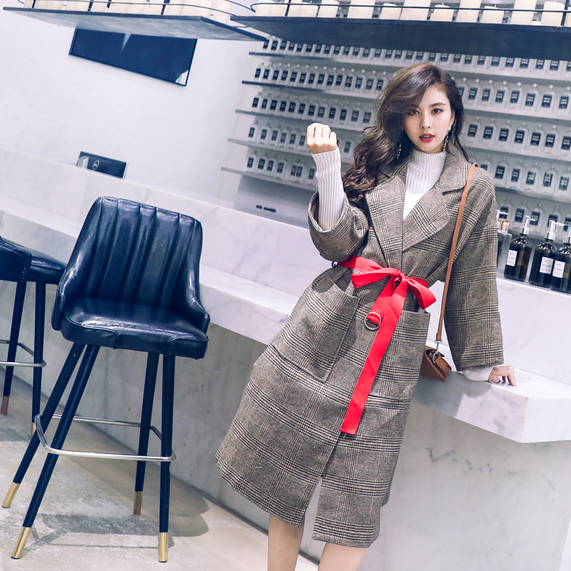 名媛氣質2018新款秋冬網紅大衣女中長款格子韓版西裝復古毛呢外套