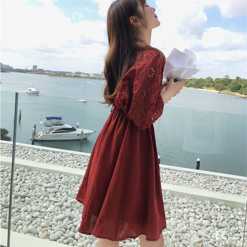 2018新款夏裝顯瘦純色胖mm減齡遮肚子蕾絲連衣裙港味氣質晚晚風