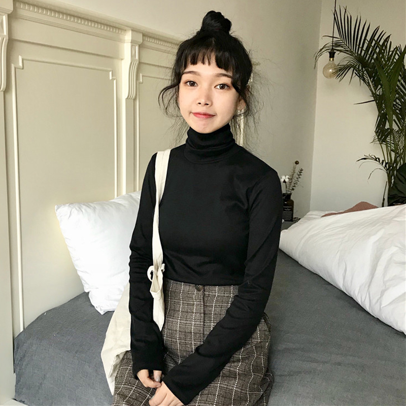 秋季女裝韓版糖果色高領純色氣質彈力修身顯瘦長袖T恤打底衫上衣