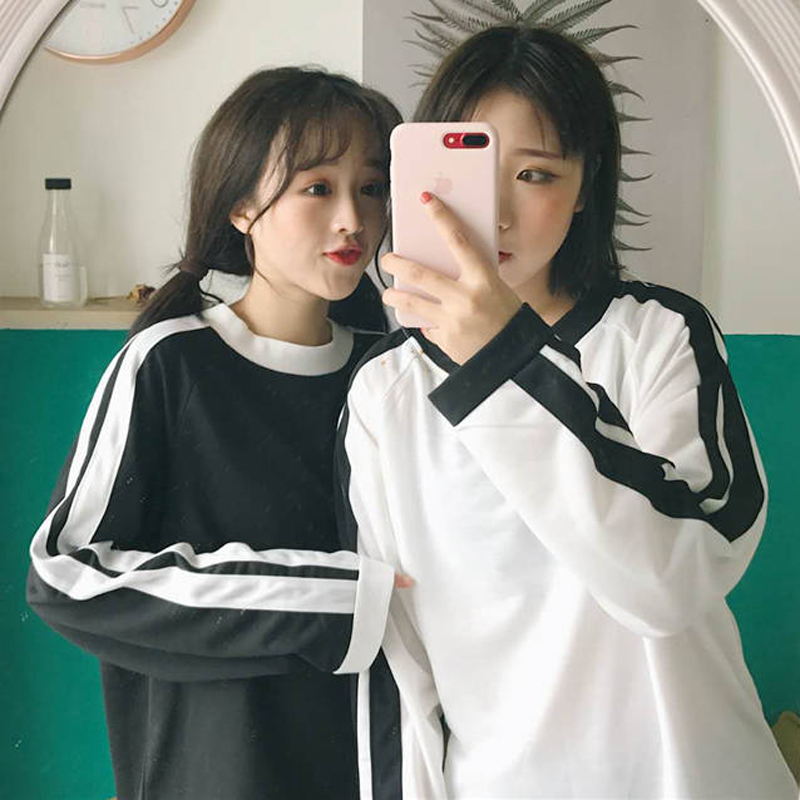 秋裝女裝韓版百搭休閑運動t恤寬松撞色長袖圓領套頭衛衣上衣外套