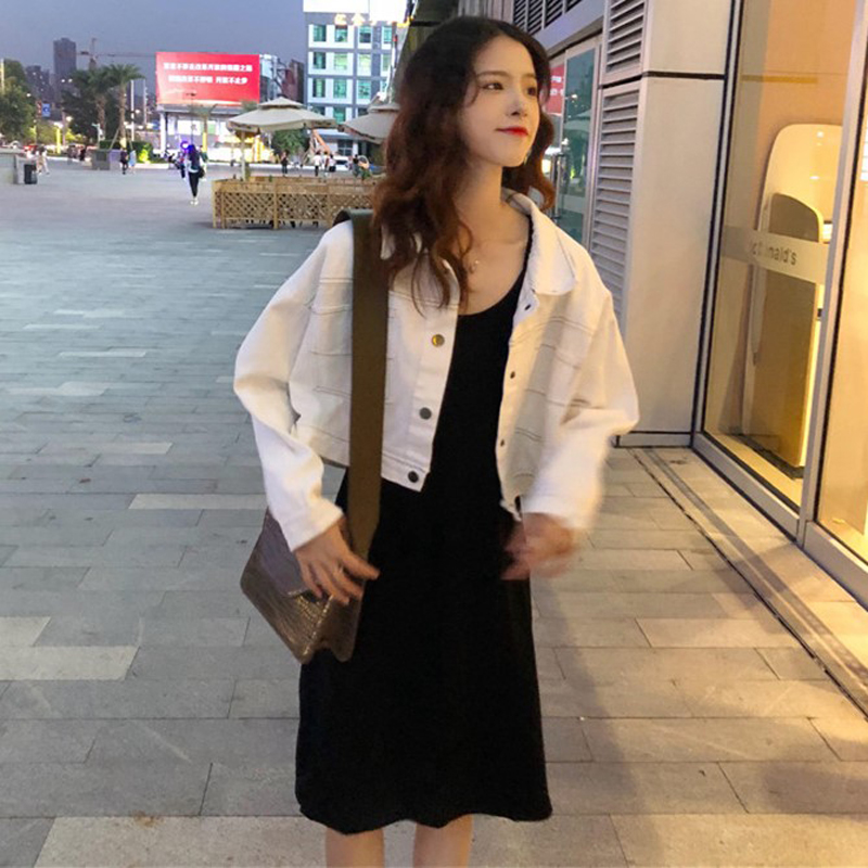 韓版時尚休閑套裝秋季女裝短款牛仔外套+中長款吊帶連衣裙兩件套