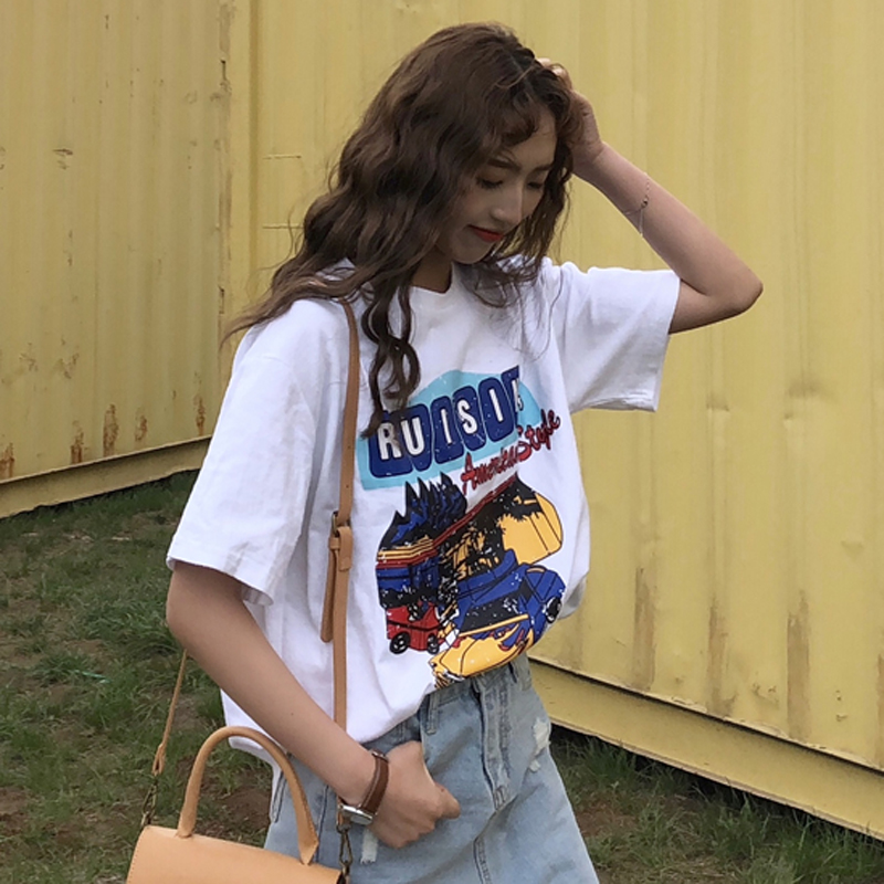 夏裝女裝韓版寬松原宿風字母卡通印花短袖T恤學生休閑顯瘦上衣潮