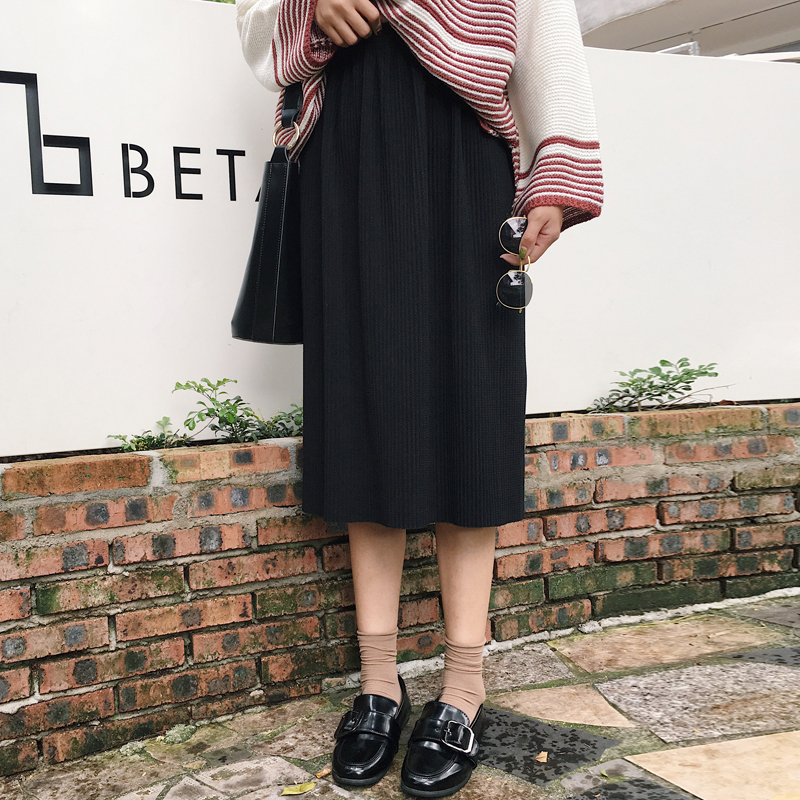 秋裝女裝韓版中長款開叉壓褶針織松緊腰A字裙純色高腰半身裙長裙