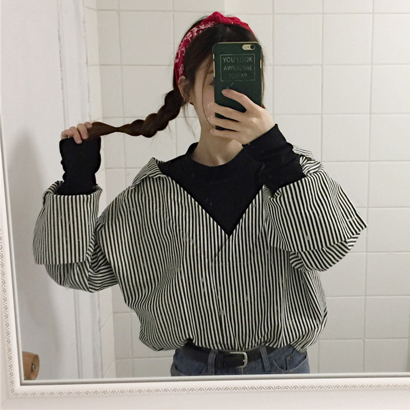 2018新款秋季女裝韓版拼接假兩件襯衣寬松條紋格子長袖襯衫上衣潮