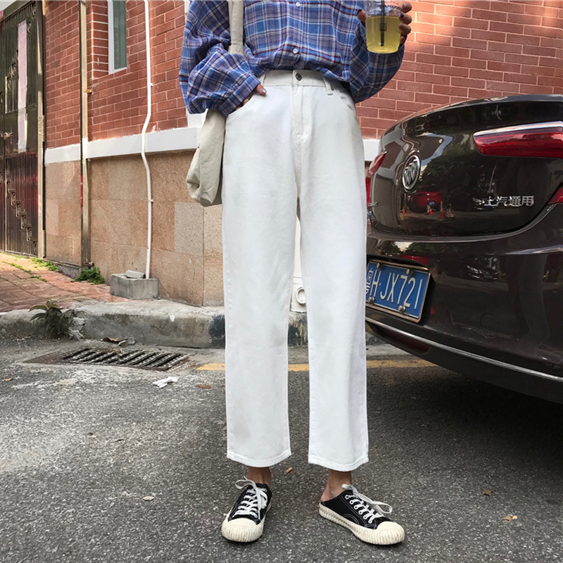 秋裝女裝韓版復古高腰顯瘦牛仔褲寬松百搭闊腿褲直筒褲九分褲學生
