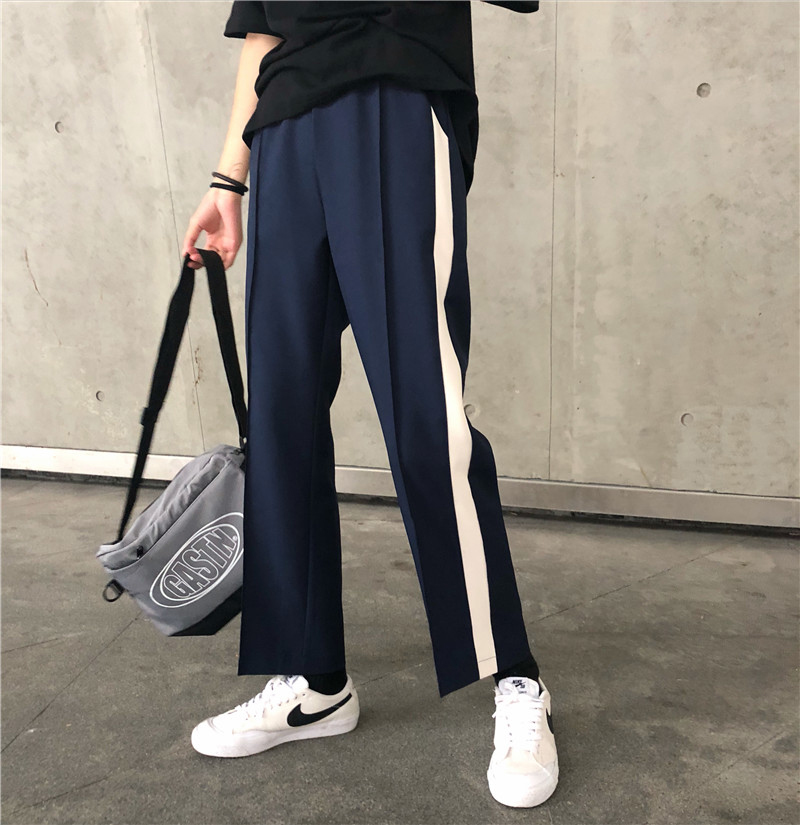 夏季女裝韓版寬松顯瘦松緊腰拼接撞色休閑褲高腰運動闊腿褲九分褲