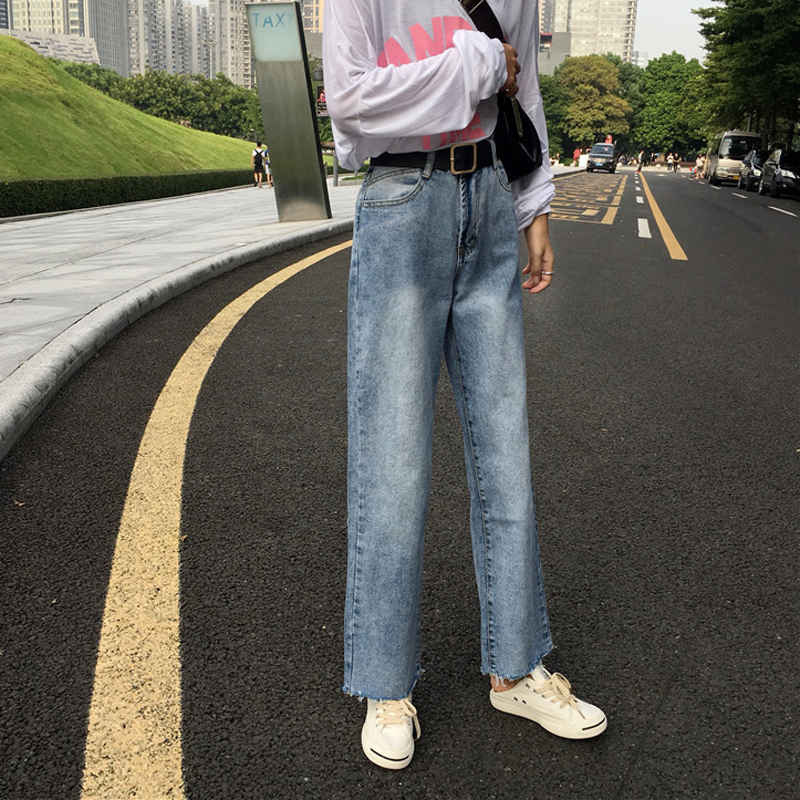 秋裝女裝韓版復古水洗磨白牛仔褲寬松高腰顯瘦闊腿褲直筒褲長褲潮