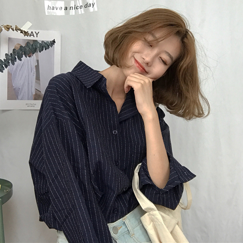 秋裝女裝韓版寬松百搭顯瘦豎條紋翻領襯衣學生長袖休閑襯衫上衣潮