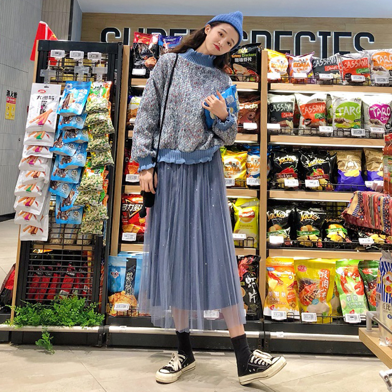 韓版時尚休閑套裝秋季粗花呢衛衣外套+中長款網紗半身裙兩件套女