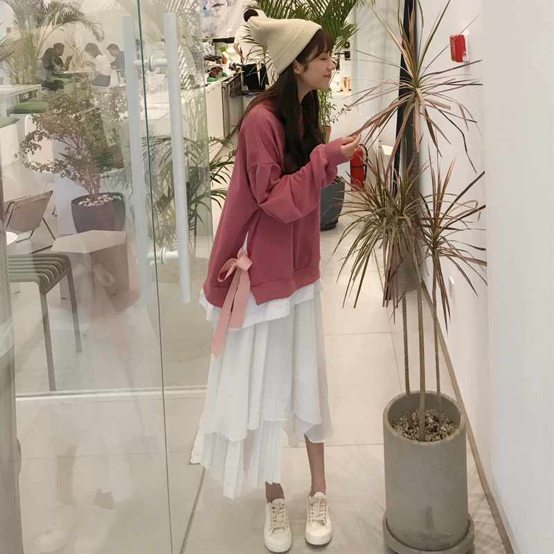 韓版時尚休閑套裝秋季女裝拼接開叉衛衣外套+不規則半身裙兩件套