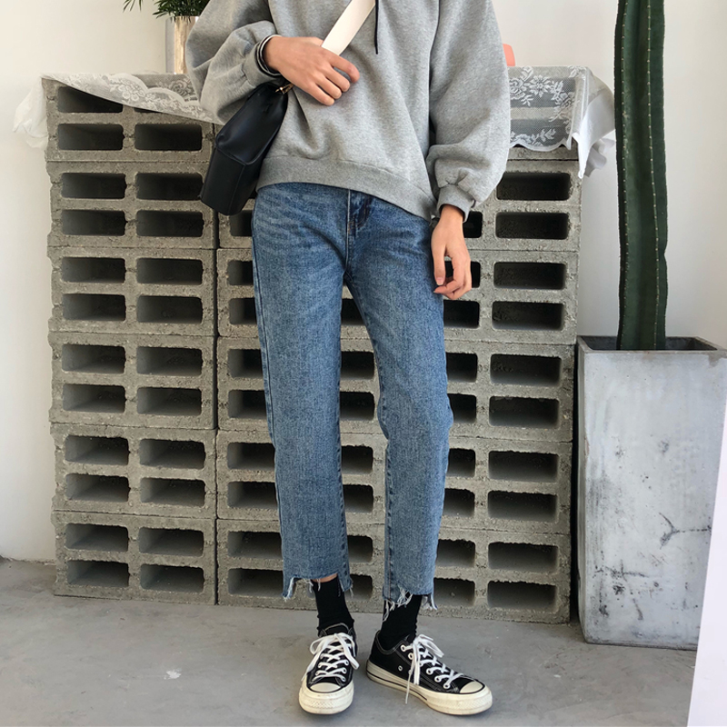 秋裝女裝韓版寬松水洗高腰百搭褲腳缺口九分褲牛仔褲直筒褲長褲潮