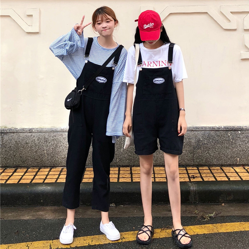 夏季女裝韓版寬松顯瘦工裝背帶連體褲休閑褲九分褲閨蜜闊腿褲短褲