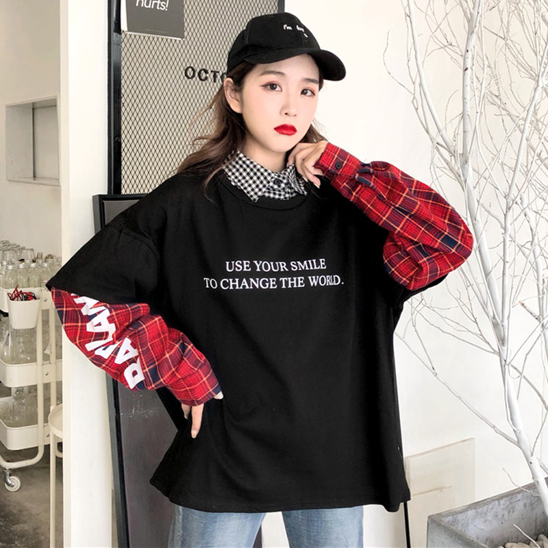 秋季女裝韓版BF風寬松格子拼接字母假兩件Polo領長袖T恤顯瘦上衣