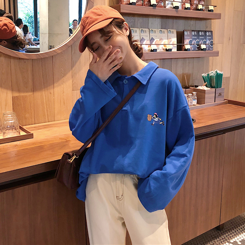 秋季女裝韓版學院風復古卡通字母polo領寬松pp home超火衛衣外套