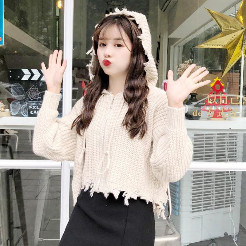 秋季女裝韓版連帽短款不規則粗線拉鏈毛衣外套寬松長袖針織衫上衣