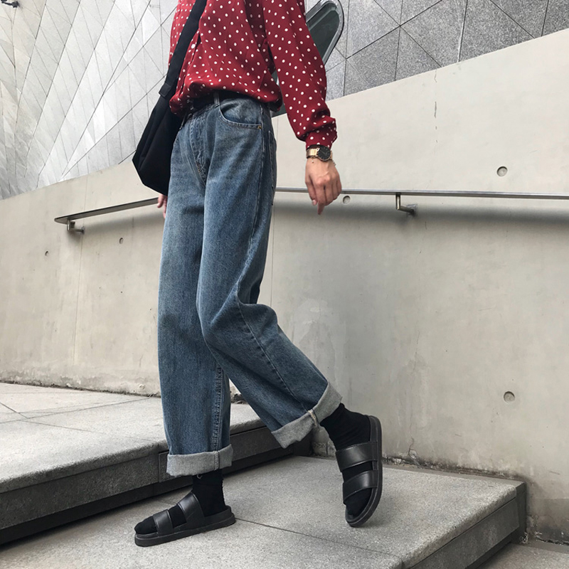秋季女裝韓版水洗復古做舊高腰寬松顯瘦直筒褲牛仔褲闊腿褲長褲潮