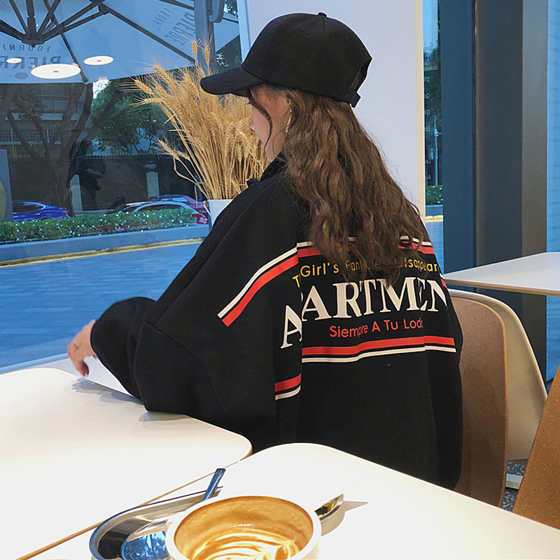 秋冬韓版原宿風寬松字母拉鏈翻領加絨加厚套頭超火衛衣上衣外套女