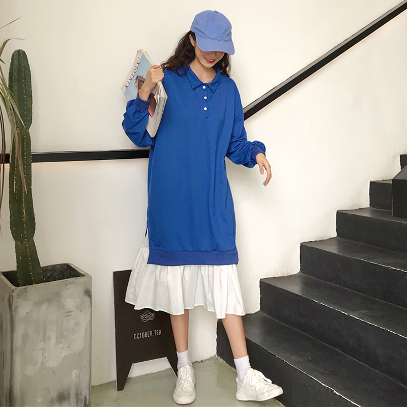 秋季韓版氣質中長款Polo領拼色下擺拼接寬松顯瘦長袖連衣裙長裙女