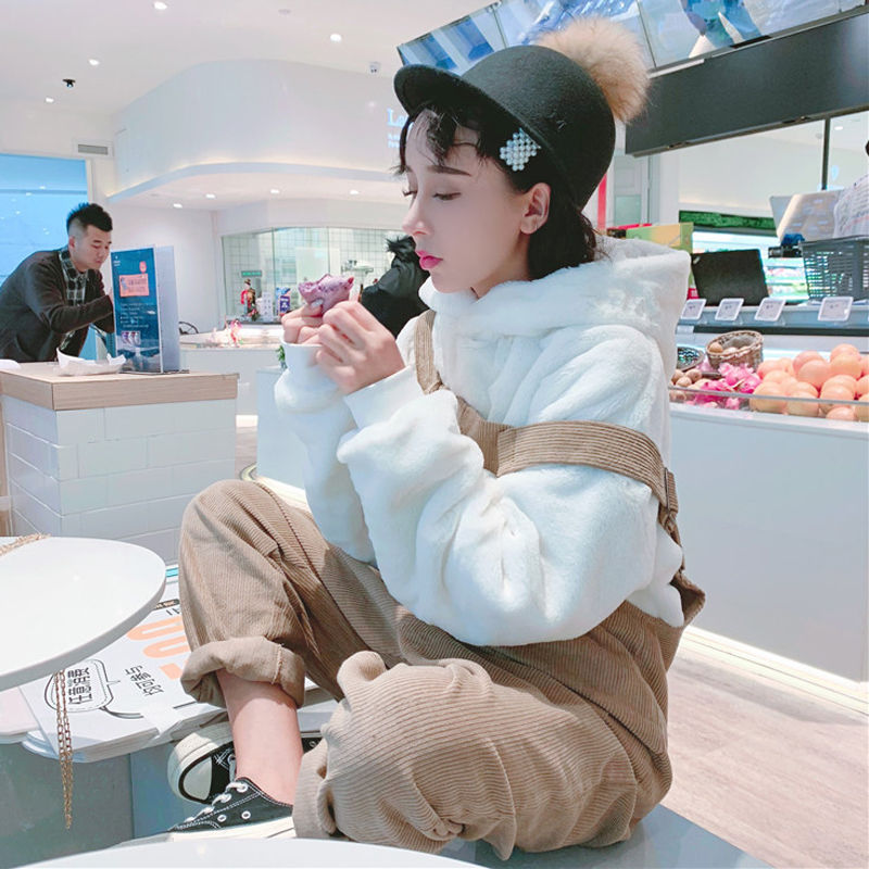 韓版時尚休閑套裝秋冬女裝毛茸連帽衛衣+燈芯絨背帶連體褲兩件套