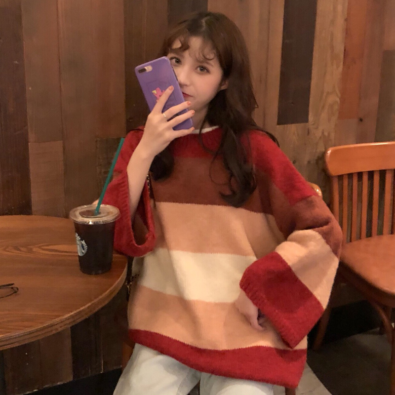 秋冬韓版中長款慵懶風chic條紋寬松網紅套頭超火針織衫毛衣外套女